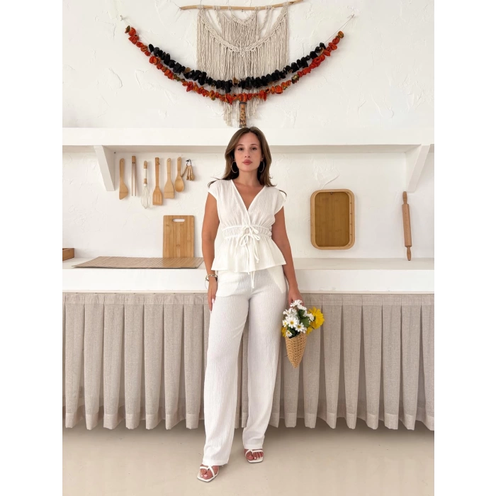Bel Lastikli Bağlama Detaylı Takım Beyaz