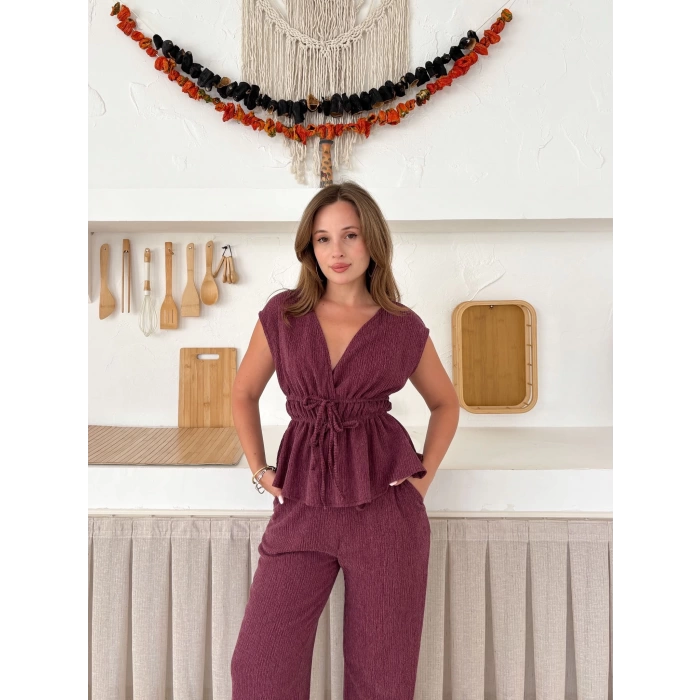 Bel Lastikli Bağlama Detaylı Takım Bordo