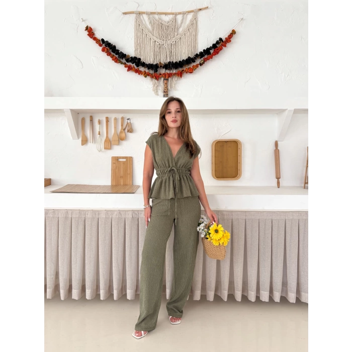 Bel Lastikli Bağlama Detaylı Takım Haki