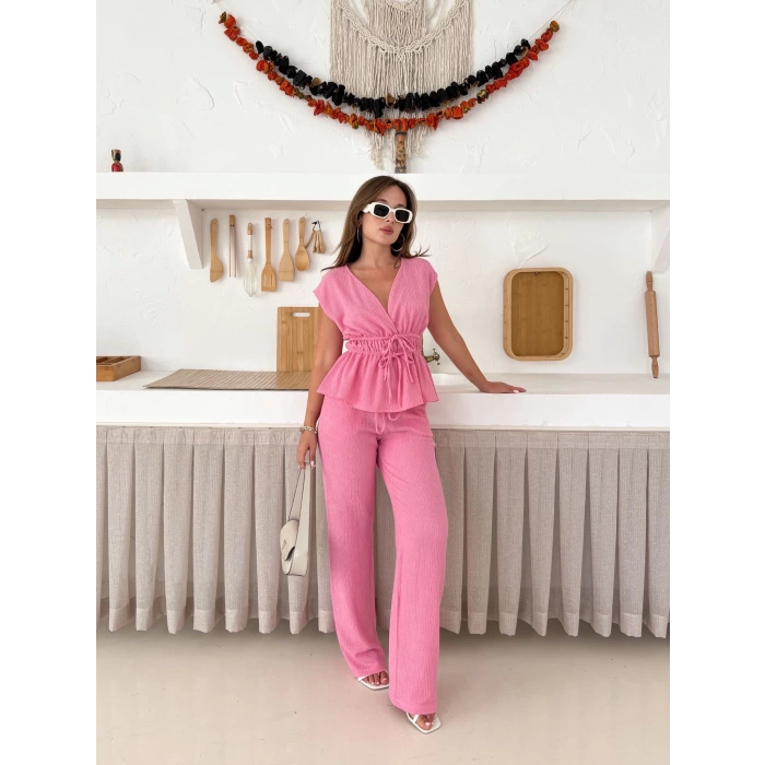 Bel Lastikli Bağlama Detaylı Takım Pembe