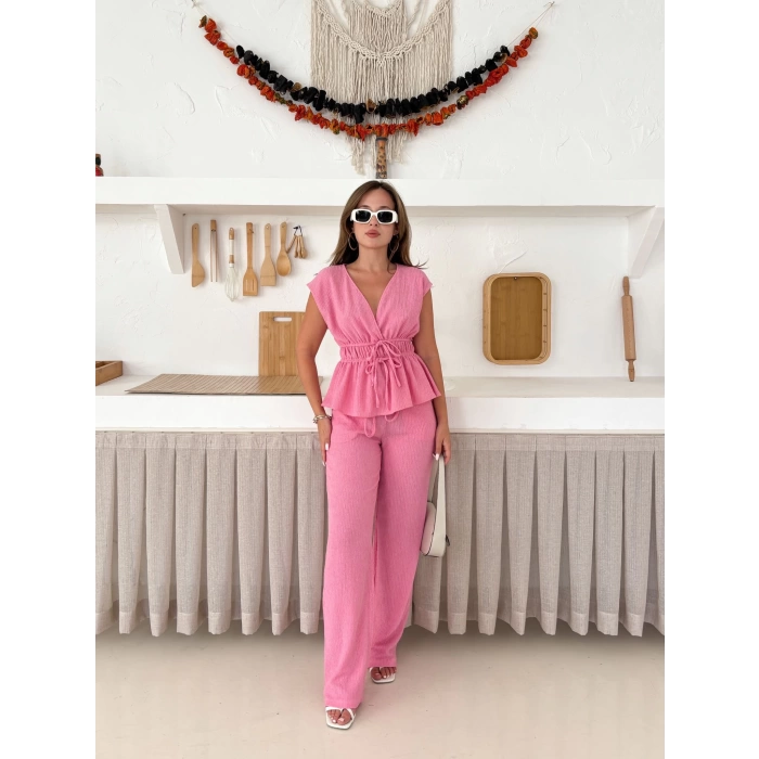 Bel Lastikli Bağlama Detaylı Takım Pembe