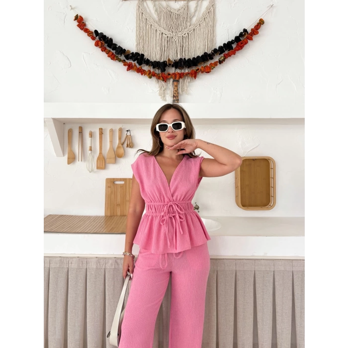 Bel Lastikli Bağlama Detaylı Takım Pembe