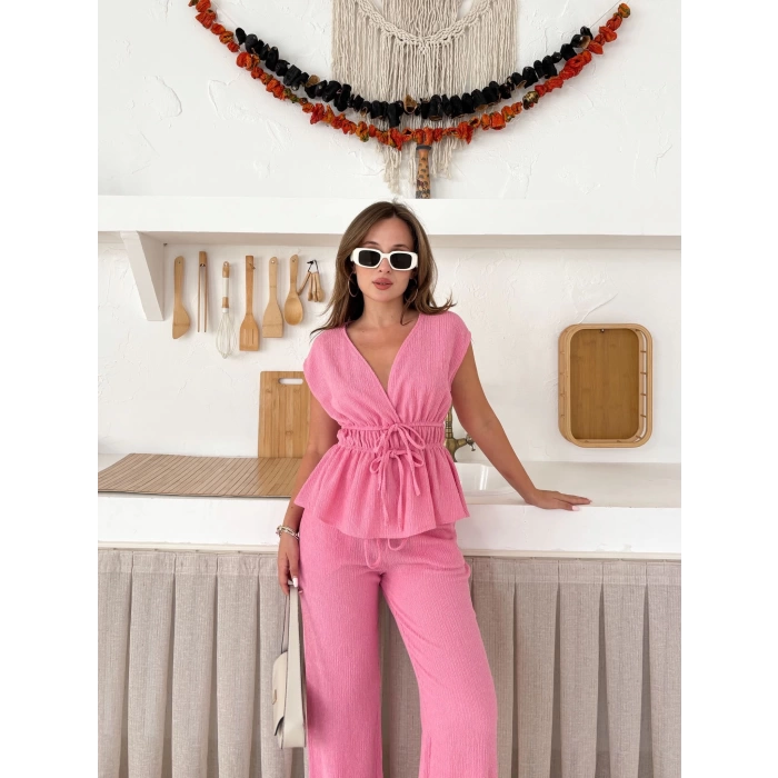 Bel Lastikli Bağlama Detaylı Takım Pembe