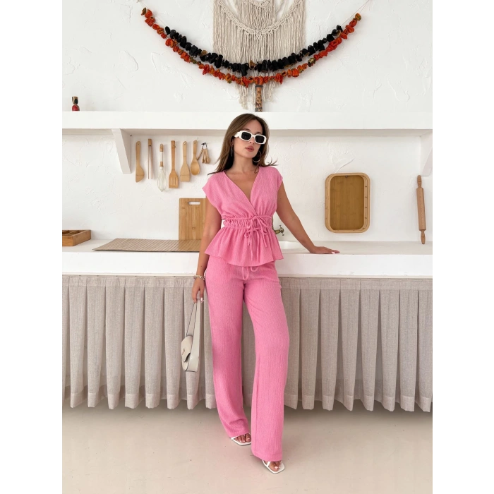 Bel Lastikli Bağlama Detaylı Takım Pembe