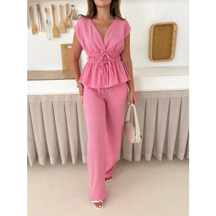 Bel Lastikli Bağlama Detaylı Takım Pembe