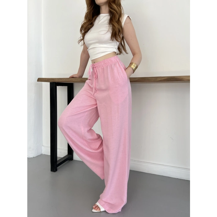 Bel Lastikli Bağlamalı Yüksek Bel Keten Pantolon Pembe