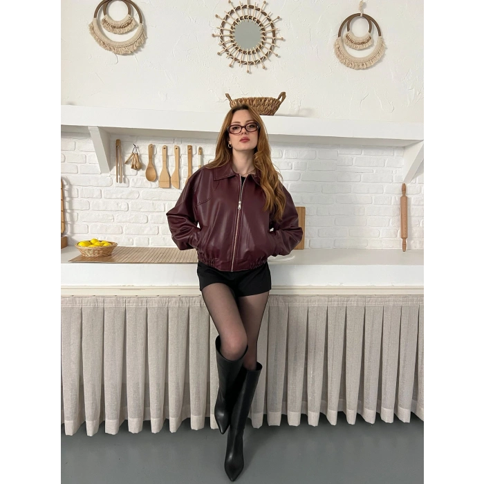 Bel Lastikli Cepli Deri Ceket Bordo