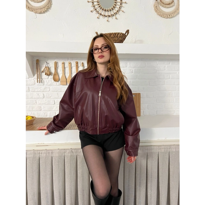 Bel Lastikli Cepli Deri Ceket Bordo