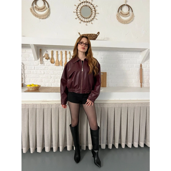 Bel Lastikli Cepli Deri Ceket Bordo