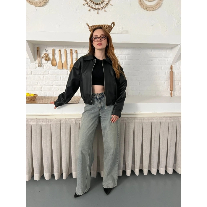 Bel Lastikli Cepli Deri Ceket Siyah