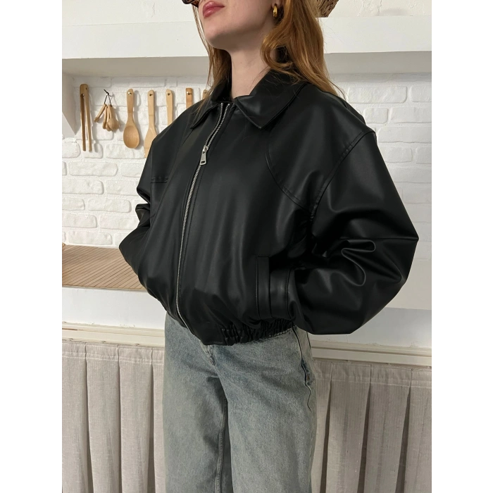 Bel Lastikli Cepli Deri Ceket Siyah