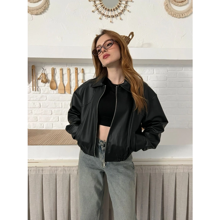 Bel Lastikli Cepli Deri Ceket Siyah