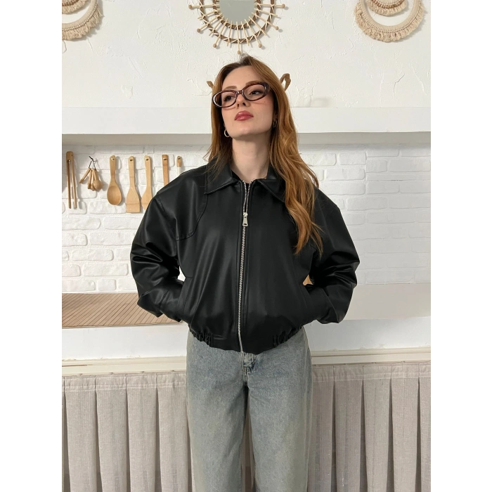 Bel Lastikli Cepli Deri Ceket Siyah