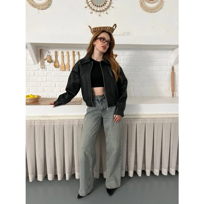 Bel Lastikli Cepli Deri Ceket Siyah