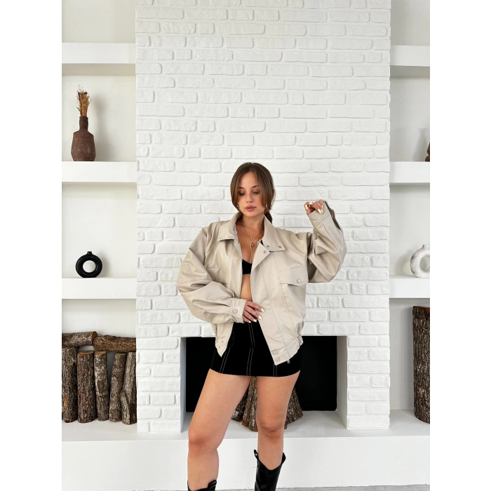Bel Lastikli Çıtçıtlı Deri Bomber Ceket Krem
