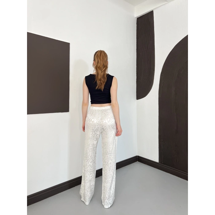 Bel Lastikli Leopar Desen Pantolon Beyaz