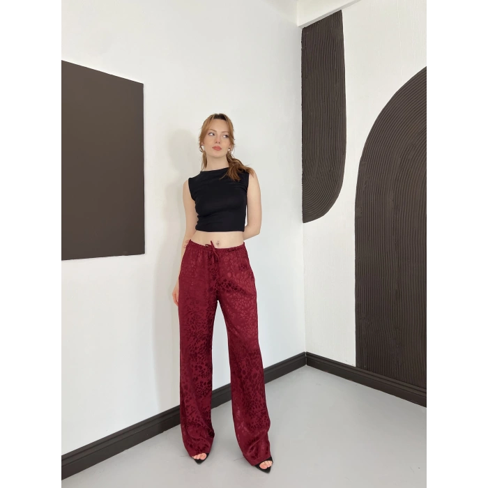 Bel Lastikli Leopar Desen Pantolon Bordo