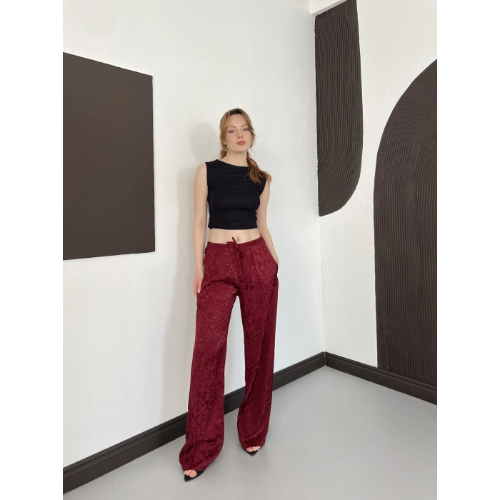 Bel Lastikli Leopar Desen Pantolon Bordo