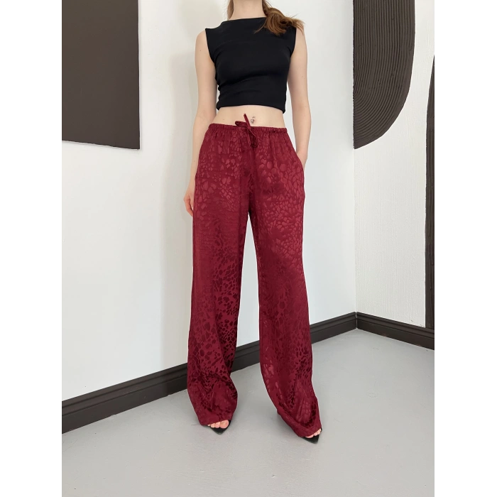 Bel Lastikli Leopar Desen Pantolon Bordo