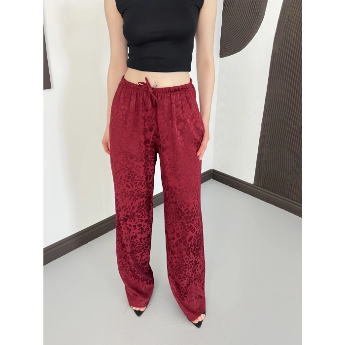 Bel Lastikli Leopar Desen Pantolon Bordo