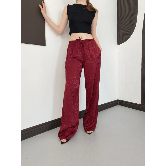 Bel Lastikli Leopar Desen Pantolon Bordo