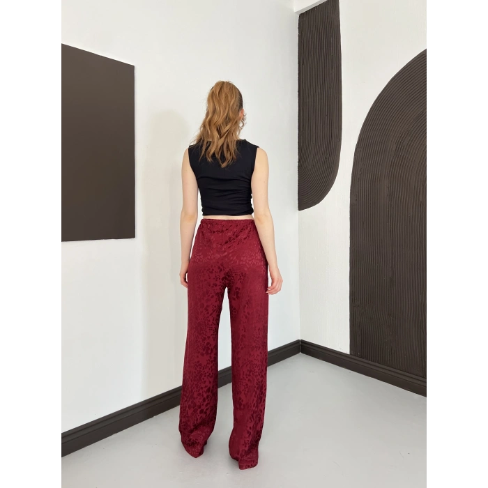 Bel Lastikli Leopar Desen Pantolon Bordo