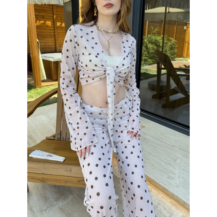 Bel Lastikli Rahat Kalıp Bağlama Detaylı Bikini Üstü Takım Bej