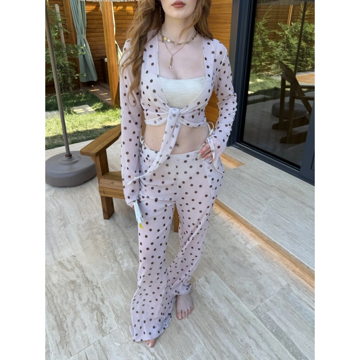 Bel Lastikli Rahat Kalıp Bağlama Detaylı Bikini Üstü Takım Bej