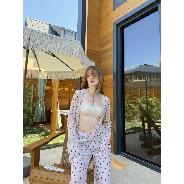 Bel Lastikli Rahat Kalıp Bağlama Detaylı Bikini Üstü Takım Bej