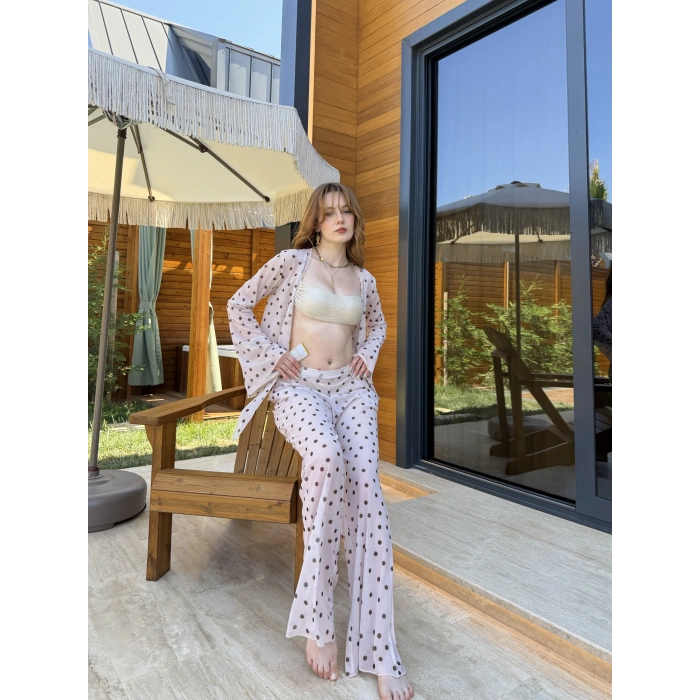 Bel Lastikli Rahat Kalıp Bağlama Detaylı Bikini Üstü Takım Bej