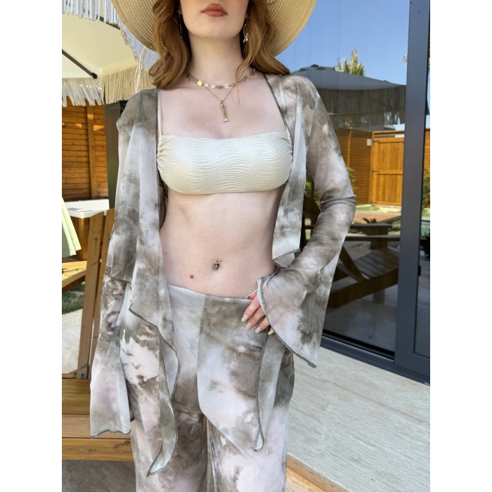 Bel Lastikli Rahat Kalıp Bağlama Detaylı Bikini Üstü Takım Çağlayeşili
