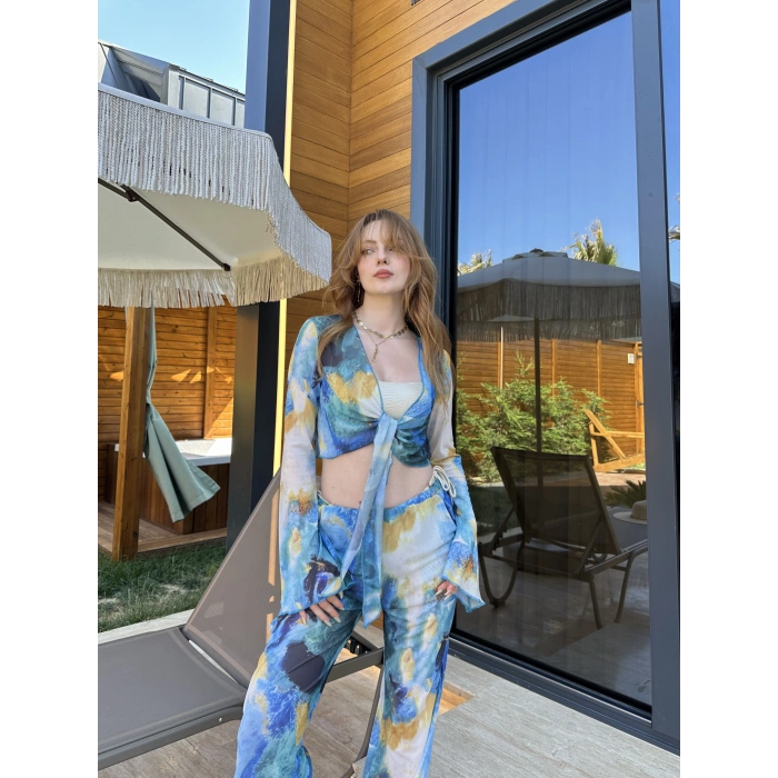 Bel Lastikli Rahat Kalıp Bağlama Detaylı Bikini Üstü Takım MAvi