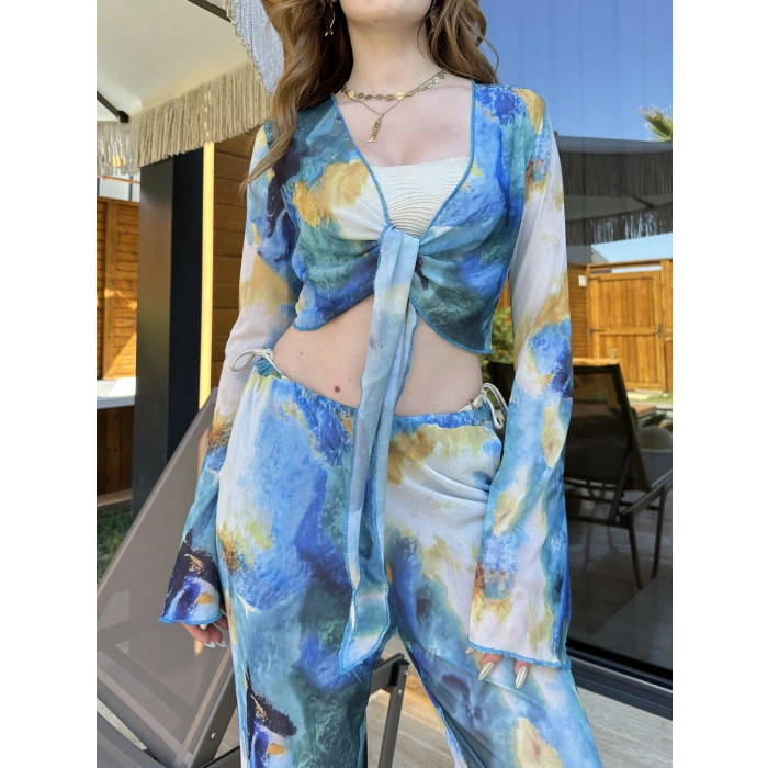 Bel Lastikli Rahat Kalıp Bağlama Detaylı Bikini Üstü Takım MAvi