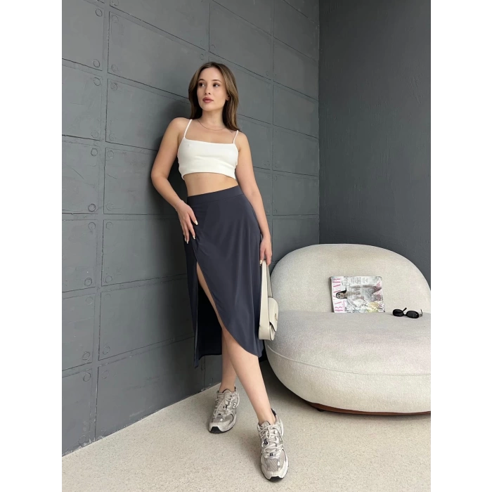 Bel Lastikli Şortlu Etek Füme