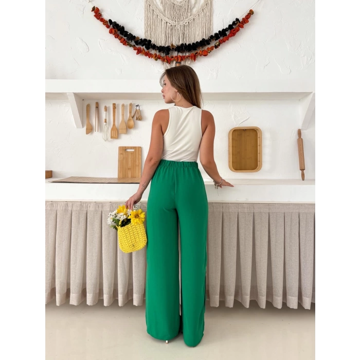 Bel Lastikli Yırtmaç Detaylı Pantolon Yeşil