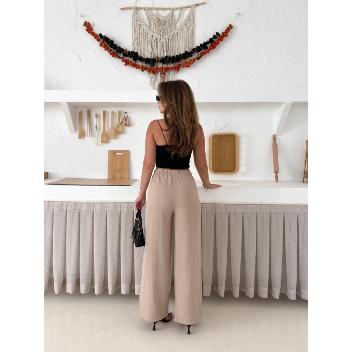 Bel Lastikli Yırtmaç Detaylı Pantolon Krem