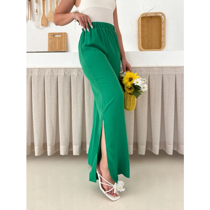 Bel Lastikli Yırtmaç Detaylı Pantolon Yeşil