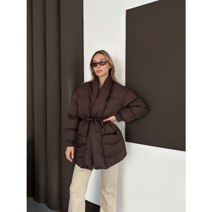 Belden Bağlamalı Cepli Şişme Mont Kahverengi