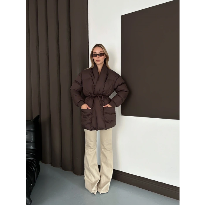 Belden Bağlamalı Cepli Şişme Mont Kahverengi