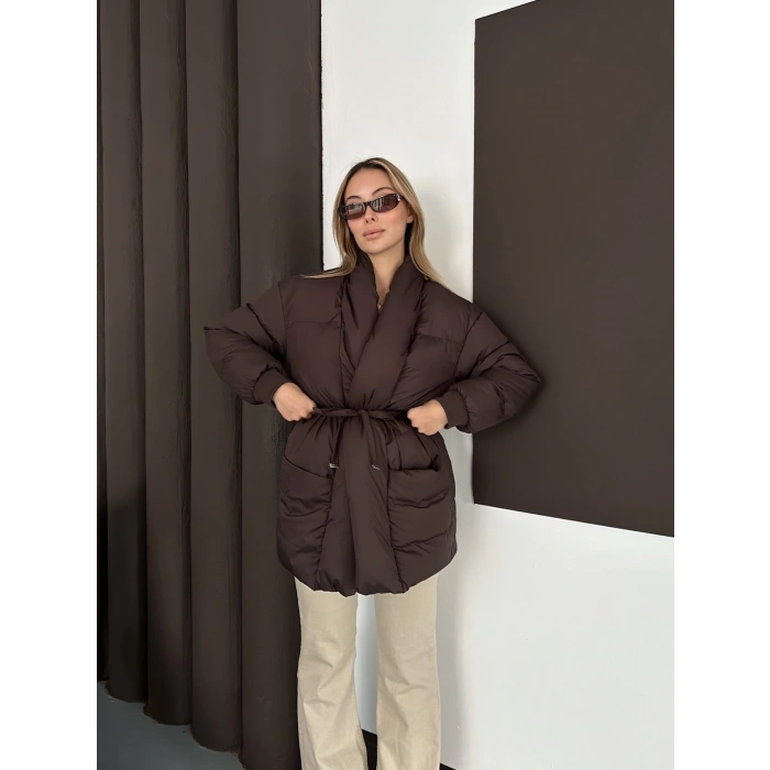 Belden Bağlamalı Cepli Şişme Mont Kahverengi