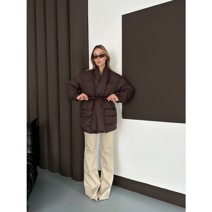 Belden Bağlamalı Cepli Şişme Mont Kahverengi