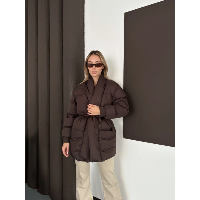 Belden Bağlamalı Cepli Şişme Mont Kahverengi