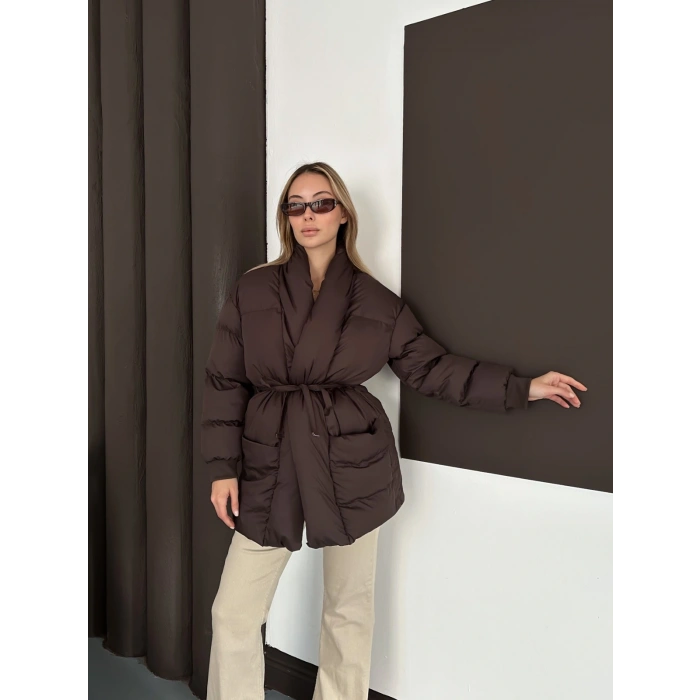 Belden Bağlamalı Cepli Şişme Mont Kahverengi