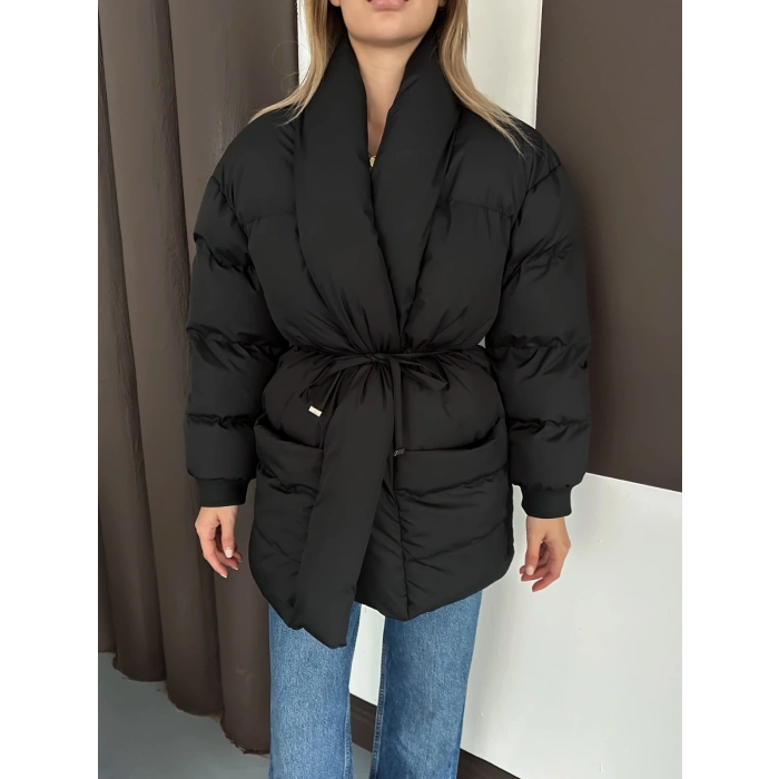 Belden Bağlamalı Cepli Şişme Mont Siyah