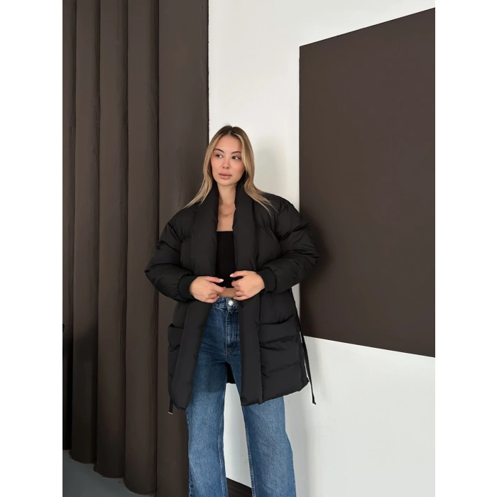 Belden Bağlamalı Cepli Şişme Mont Siyah