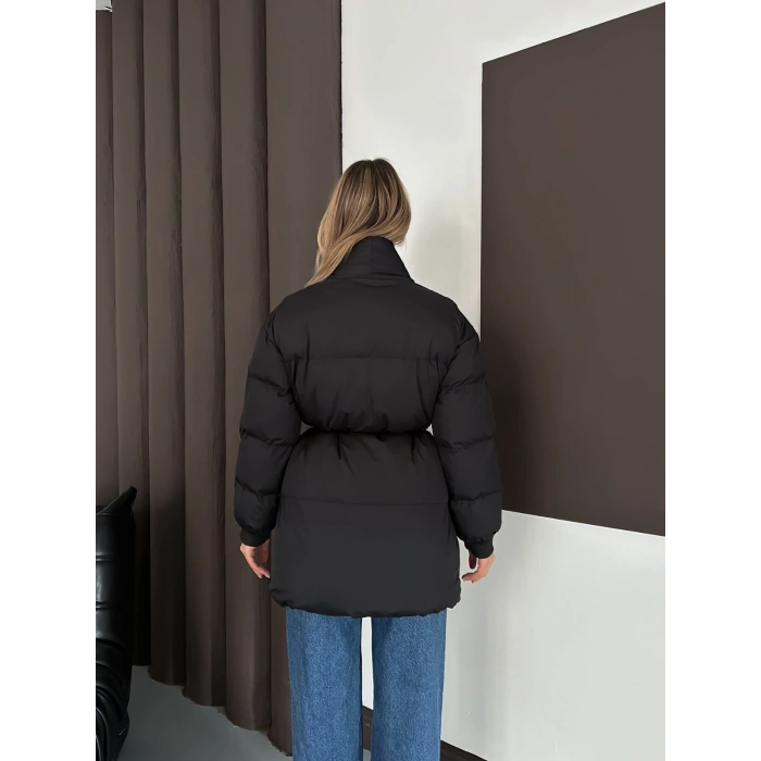 Belden Bağlamalı Cepli Şişme Mont Siyah