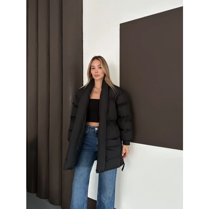 Belden Bağlamalı Cepli Şişme Mont Siyah