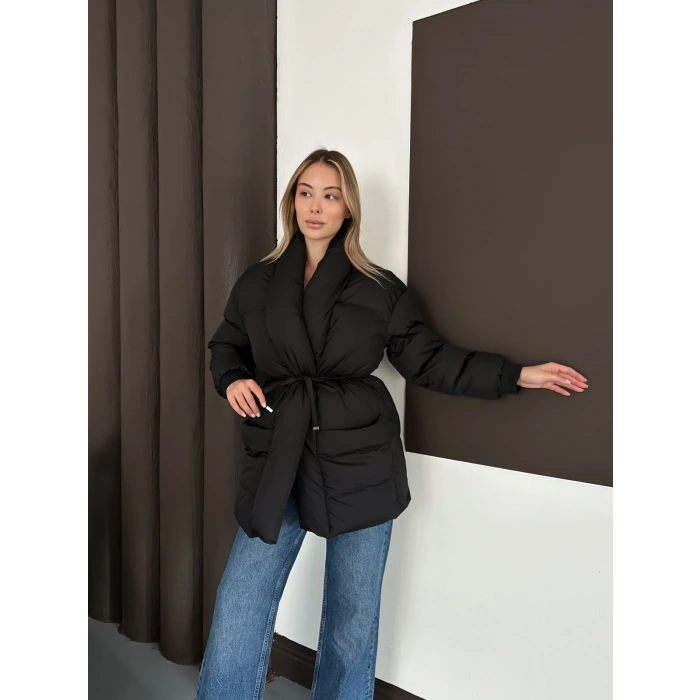 Belden Bağlamalı Cepli Şişme Mont Siyah