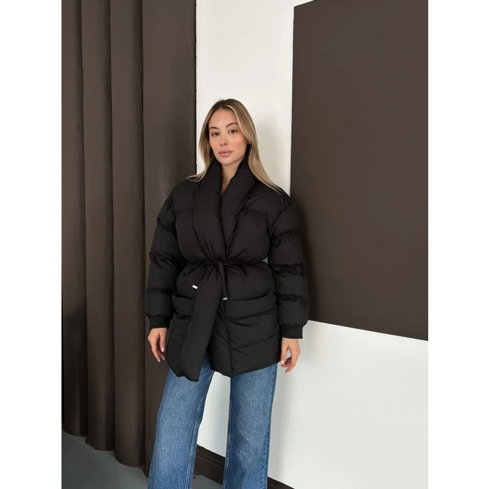 Belden Bağlamalı Cepli Şişme Mont Siyah