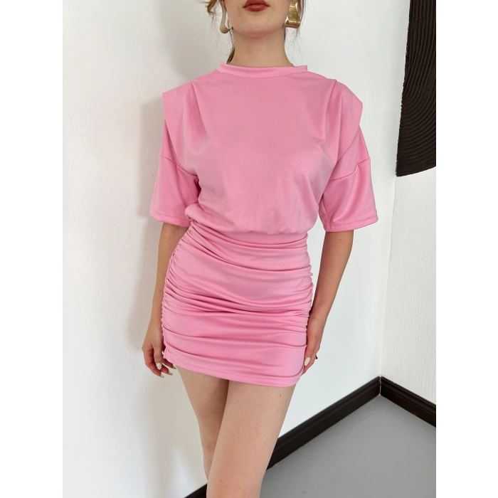 Bisiklet Yaka Büzgü Detay Elbise Pembe